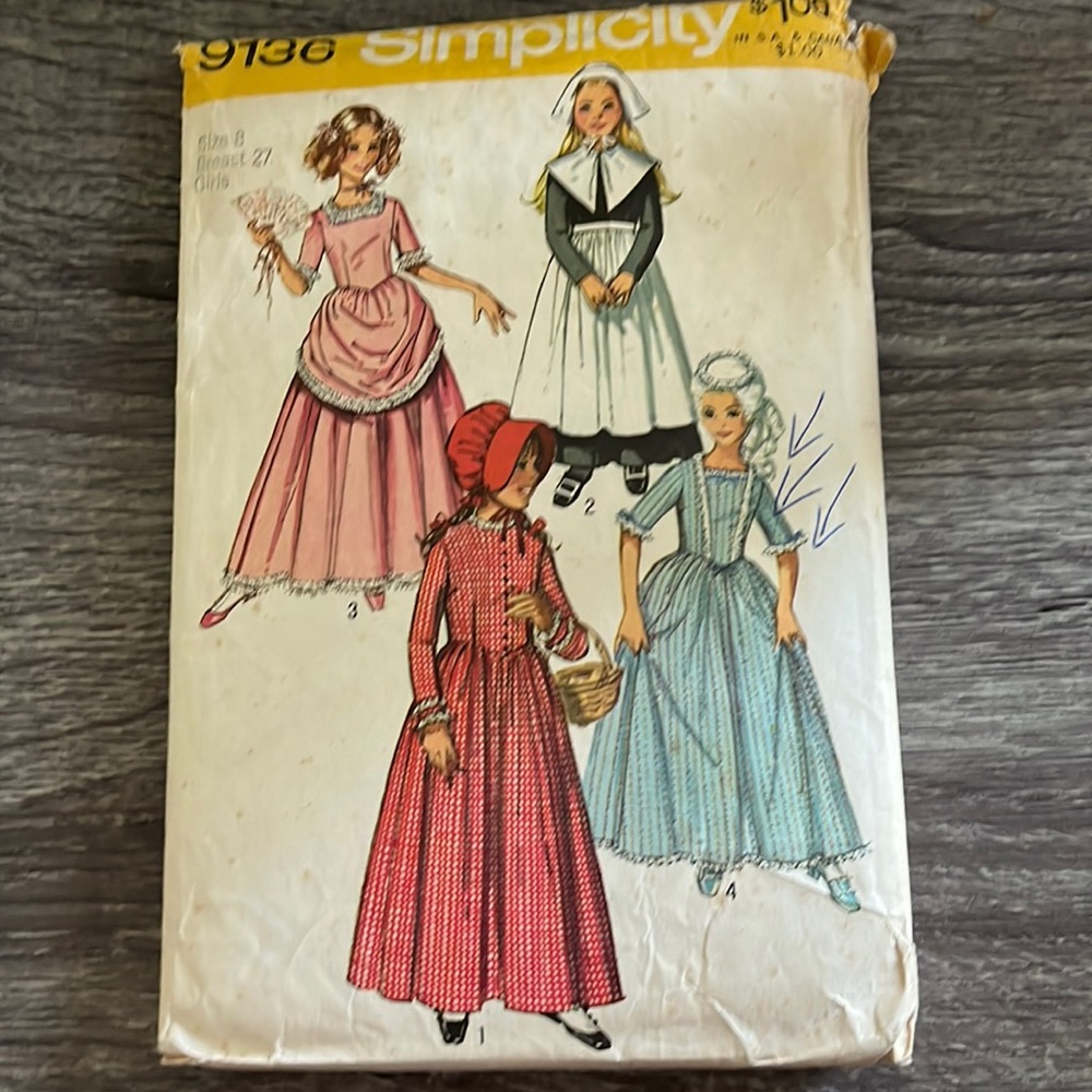 Simplicity 9136 Vtg Girls Costume Puritan Centennial Pilgrim 18th Century